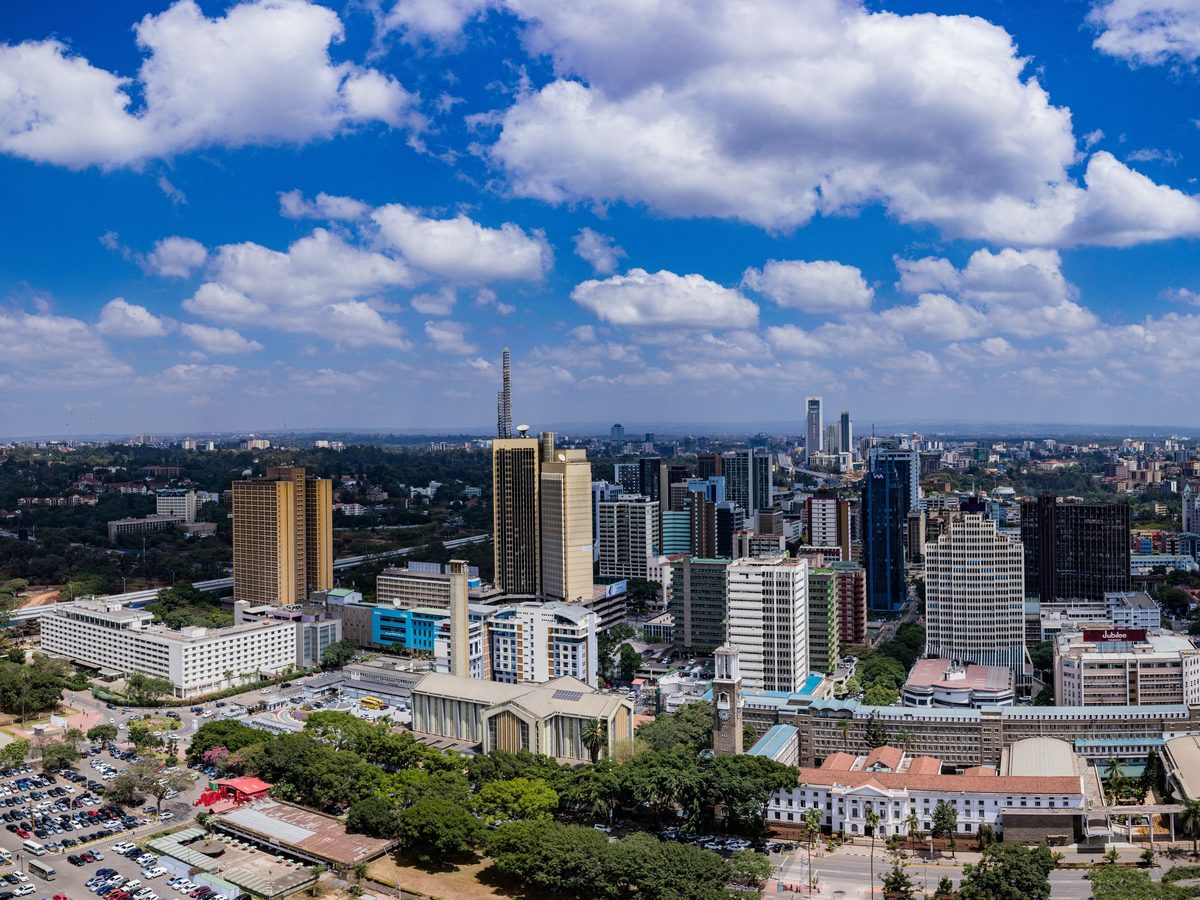 The Nairobi skyline from above, the city centre against the hills